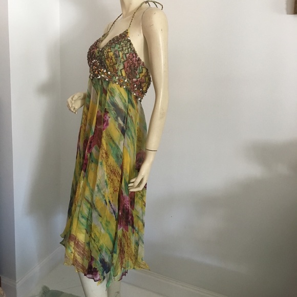 Sue Wong multicolored beaded silk halter dress with handkerchief hemline - Picture 4 of 8